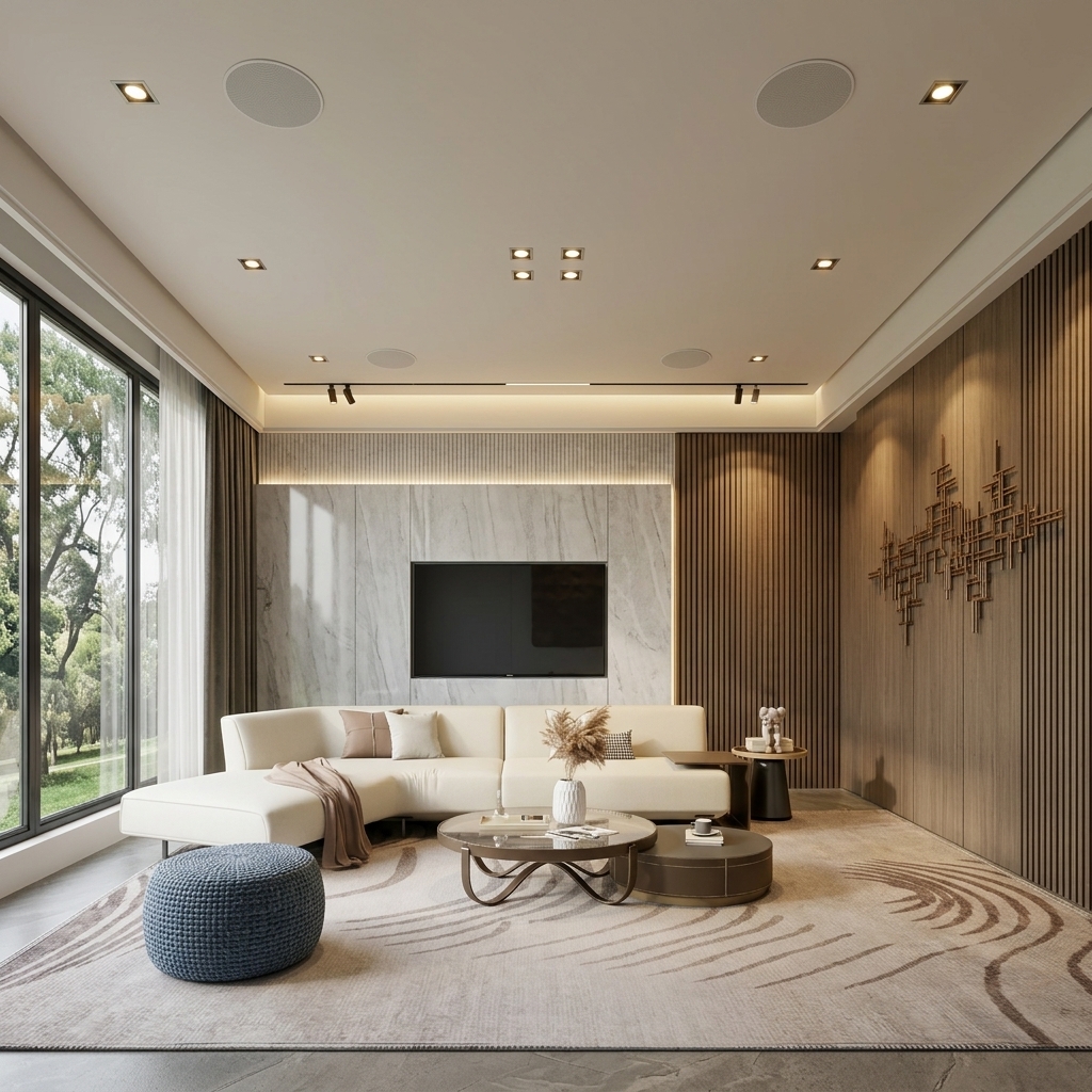 Living room with in-ceiling speakers and recessed lighting