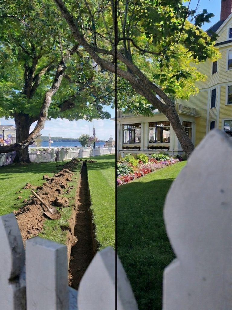 Narrow cable trench dug across a front lawn
