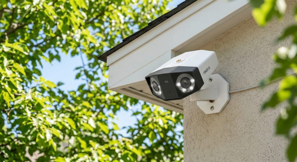 Outdoor security camera mounted under the eaves of a house