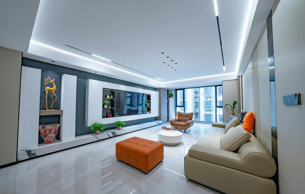 Living room with recessed and cove LED lighting